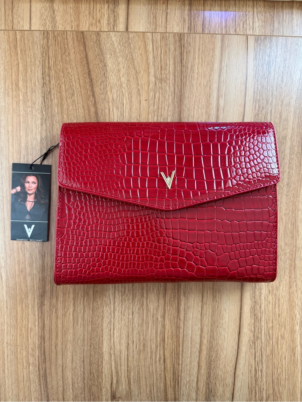 V-Emblem Croc-Embossed Red Envelope Clutch